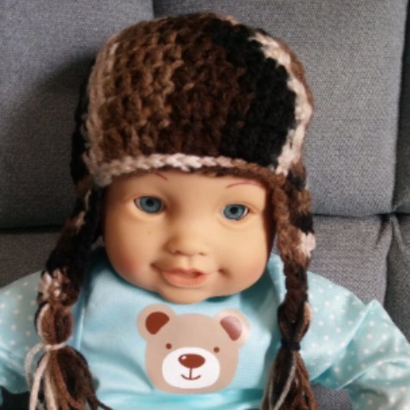 Hand Crafted Baby Camo Earflap Hat crochet Newborn Winter Spring Fall Hand Made - Picture 1 of 5